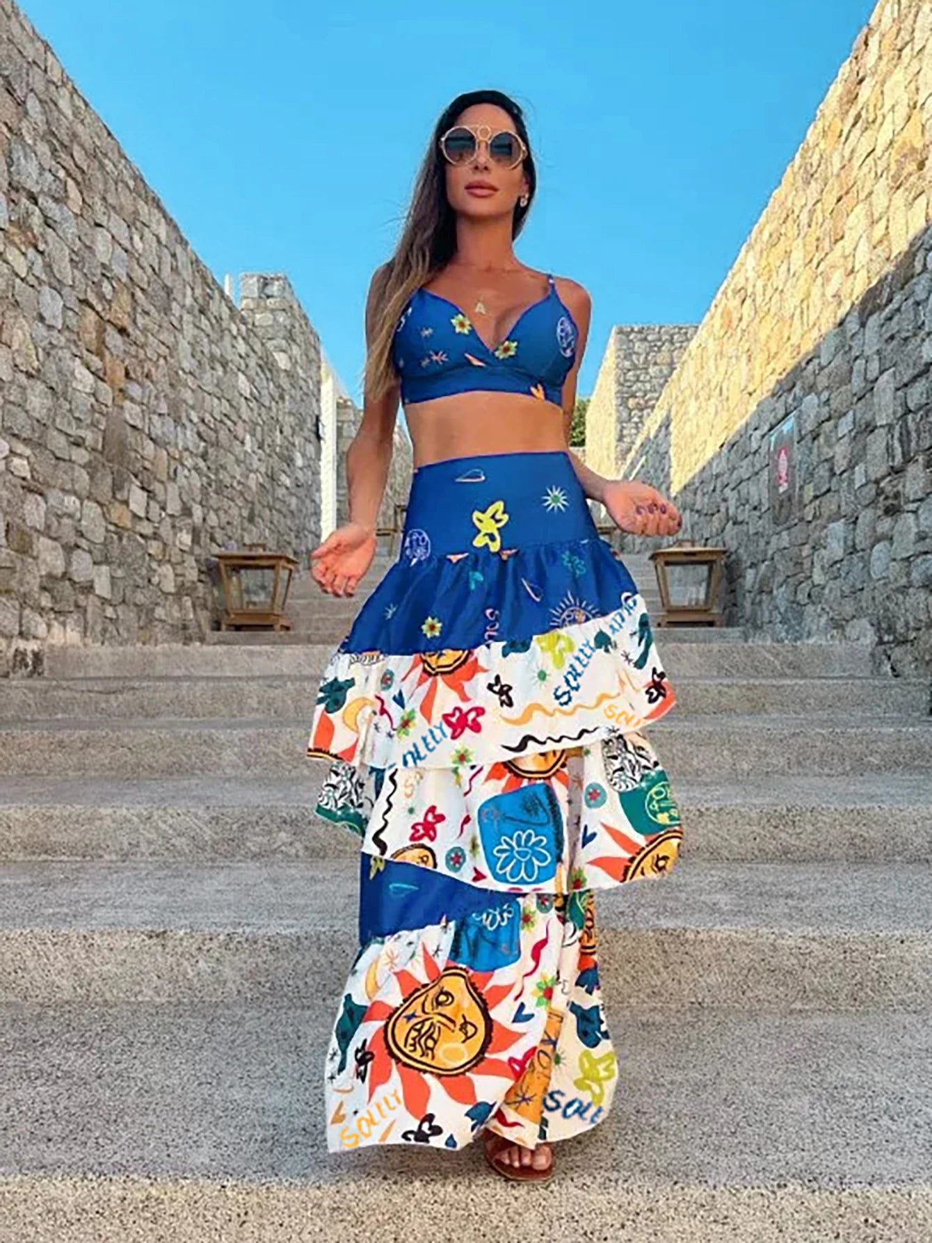 Summer New 2/3 Pieces Skirt Sets Long Skirt With Top V-neck Women's Dress High Waist Split Dresses Beach Outing Sundress