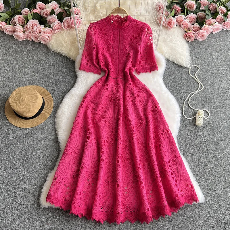 Stock Summer Autumn Holiday Hollow Out Flower Embroidery Lace Evening Prom Dress Women Short Sleeve Midi Long Party Vestidos