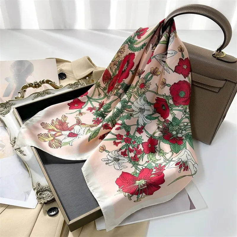 Luxury Print Silk Feeling Square Scarf Women Spring Neck Tie Shawl Wraps Female 70cm Hair Hand Wrist Headkercheif Hijab Bandana