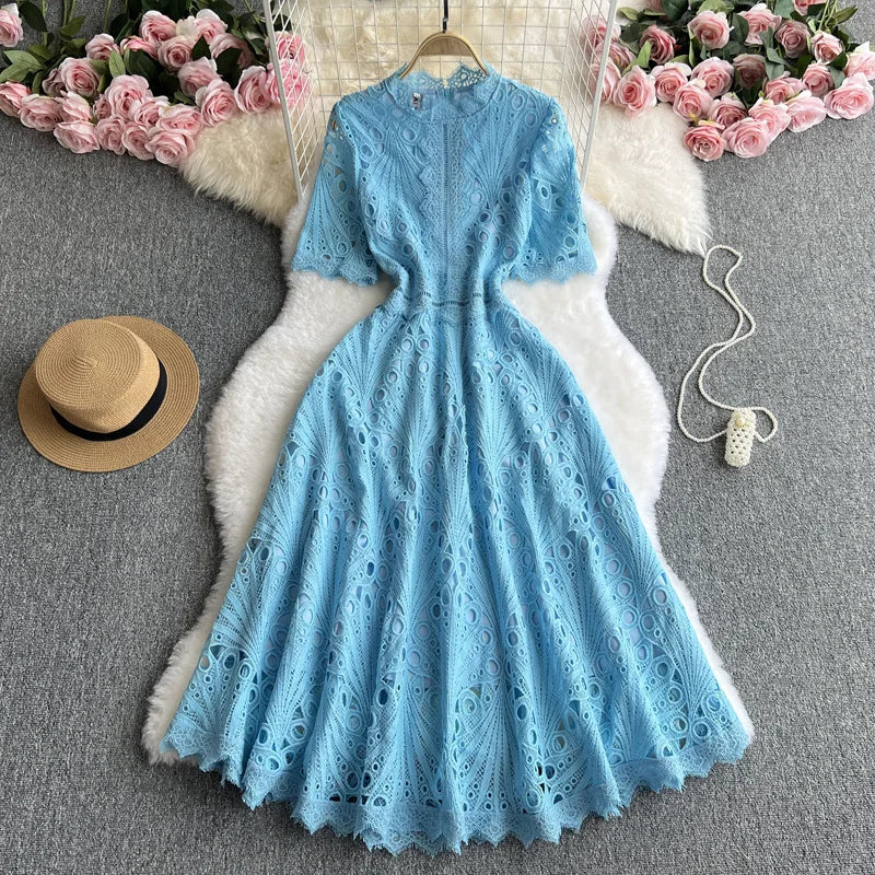 Stock Summer Autumn Holiday Hollow Out Flower Embroidery Lace Evening Prom Dress Women Short Sleeve Midi Long Party Vestidos