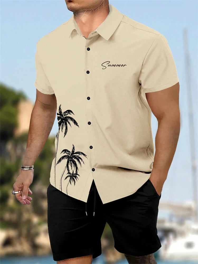 Summer New Men's Short Sleeve Shirt and Shorts 2 Piece Set Fashion Coconut Tree Print Lapel Shirt Beach Drawstring Shorts Set