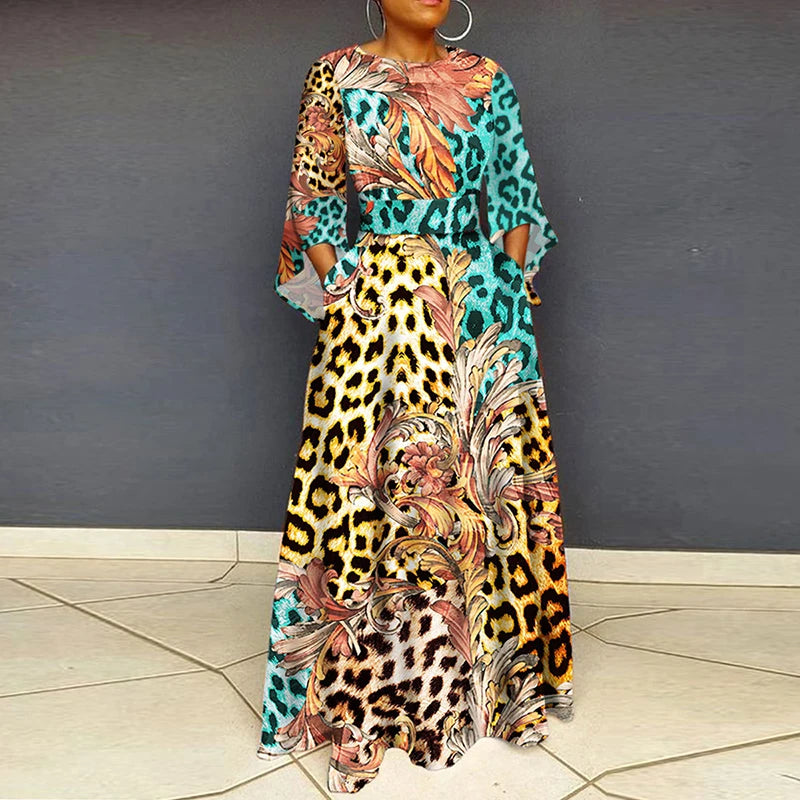 Vintage Women Party Dress Plus Size O Neck 3/4 Sleeve Leopard Print Maxi Long Dress Boho A-Line Pocket Party Dresses