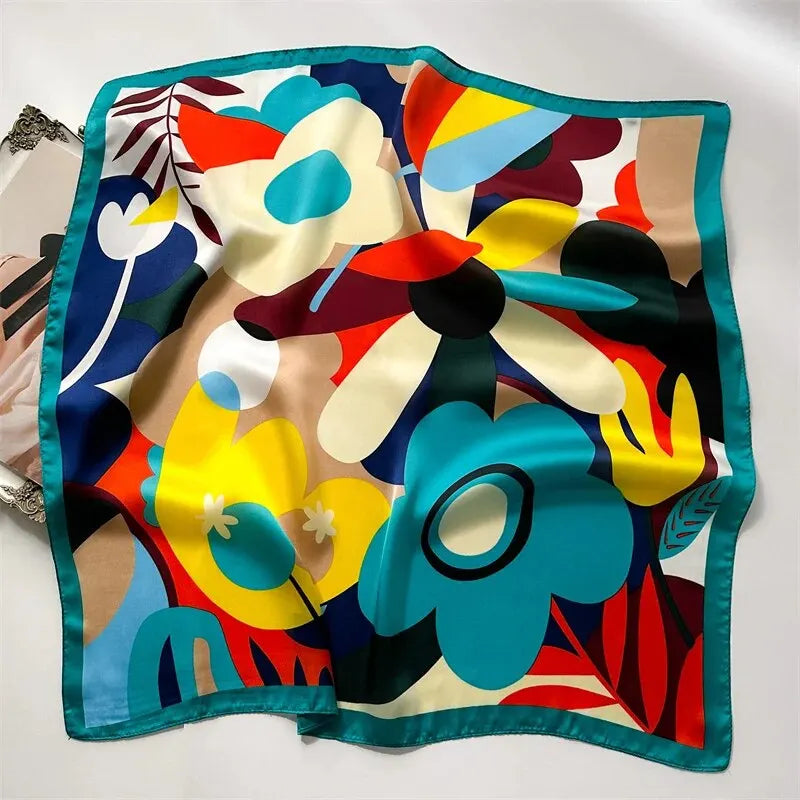 Luxury Print Silk Feeling Square Scarf Women Spring Neck Tie Shawl Wraps Female 70cm Hair Hand Wrist Headkercheif Hijab Bandana