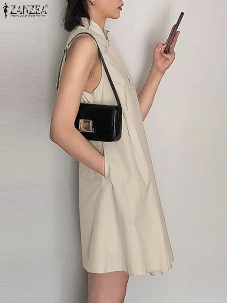 ZANZEA Elegant Sleeveless A-line Vestidos Women Pleating Party Dress Vintage Fashion Mandarin Collar Robe