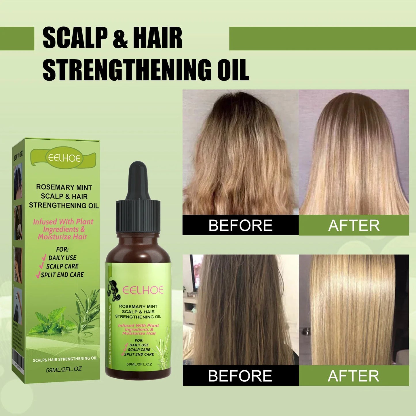 Rosemary Mint Scalp Nutrient Hair Strengthening Oil Biotin Essential Oils Nourishing Treatment Split Ends Dry All Types