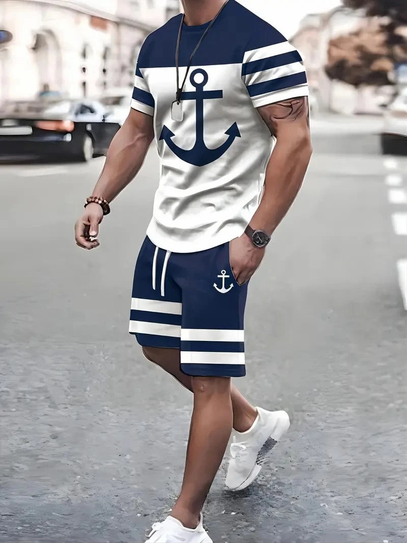 Mens  Anchor Pattern 2 Piece Set Men T-shirt + Trousers Suit Casual Short Tracksuit  Vintage Outfit Sportswear Male Clothing