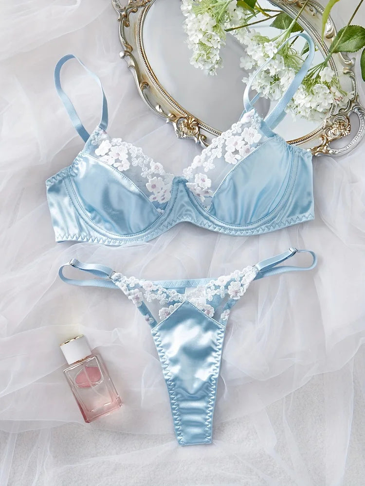 Sexy Blue Lingerie Set Fancy Seamless Underwear Luxury Satin Exotic Sets Delicate Embroidery Matching Outfits Push Up Bra Set