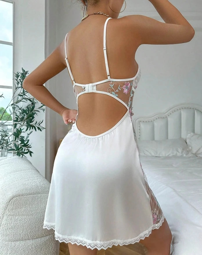 Floral Print Contrast Lace V Neck See Through Sheer Babydoll Sleeveless Sexy Lingerie Set with Panties