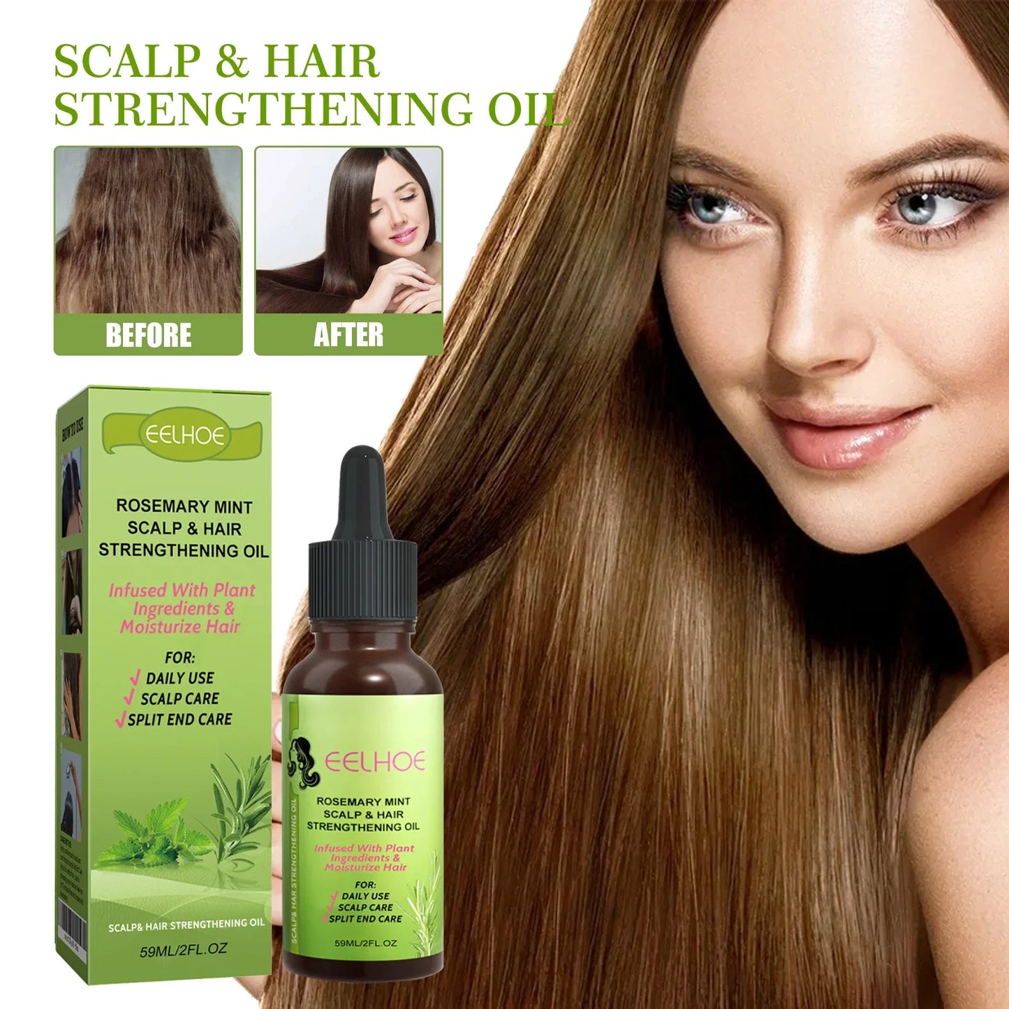 Rosemary Mint Scalp Nutrient Hair Strengthening Oil Biotin Essential Oils Nourishing Treatment Split Ends Dry All Types