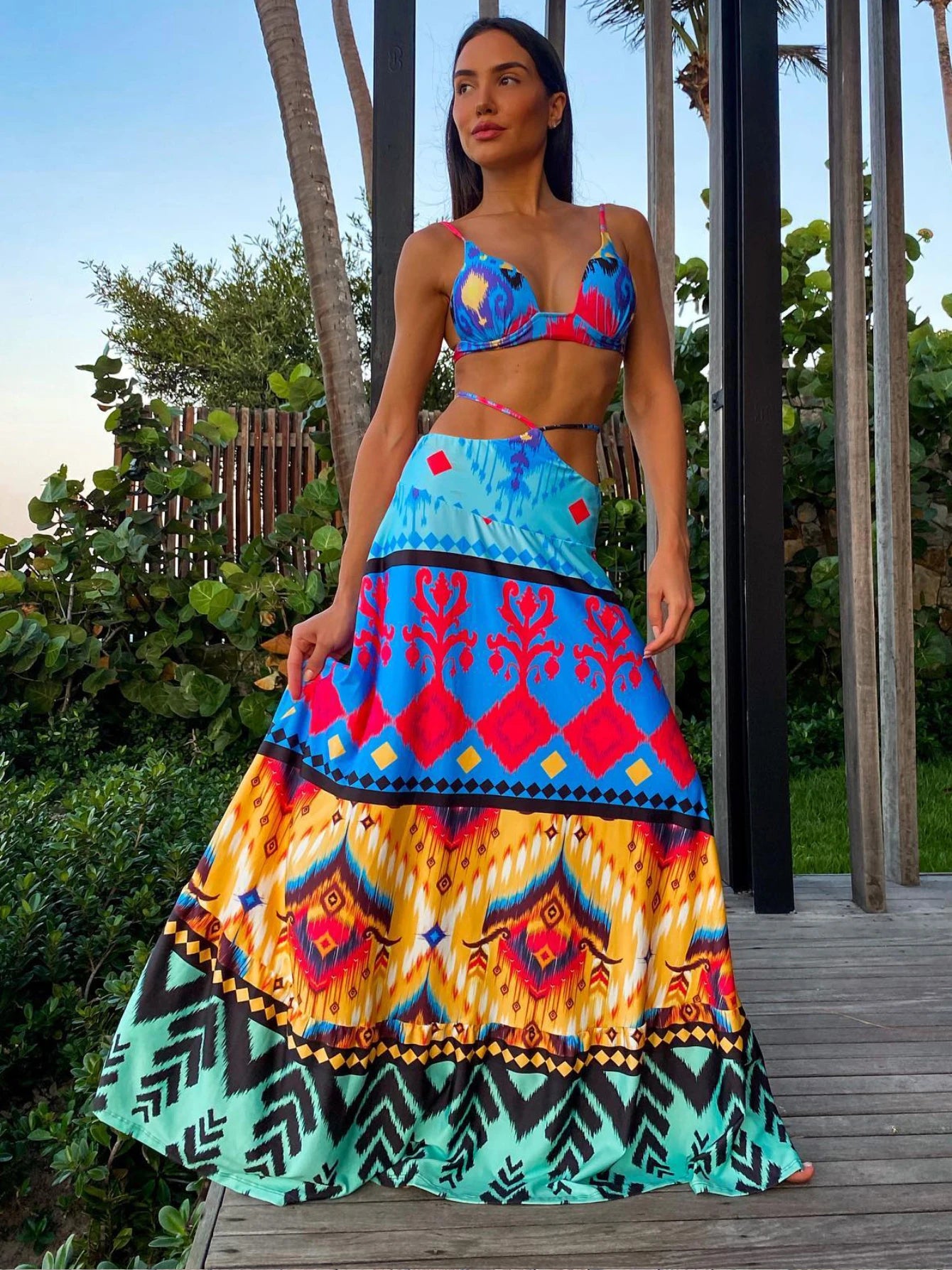 Summer New 2/3 Pieces Skirt Sets Long Skirt With Top V-neck Women's Dress High Waist Split Dresses Beach Outing Sundress