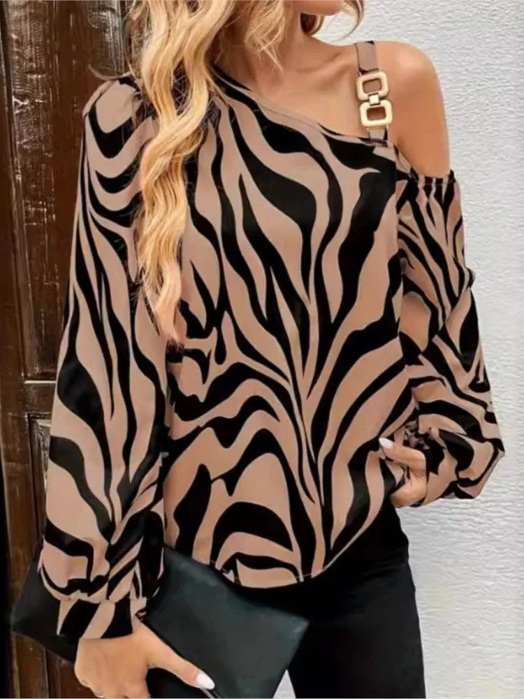 Sexy Women's Fashion Blouses Fall Summer Print Long-sleeve Off-shoulder Metal Buckle Shirts For Women Losse Pullover Streetwear