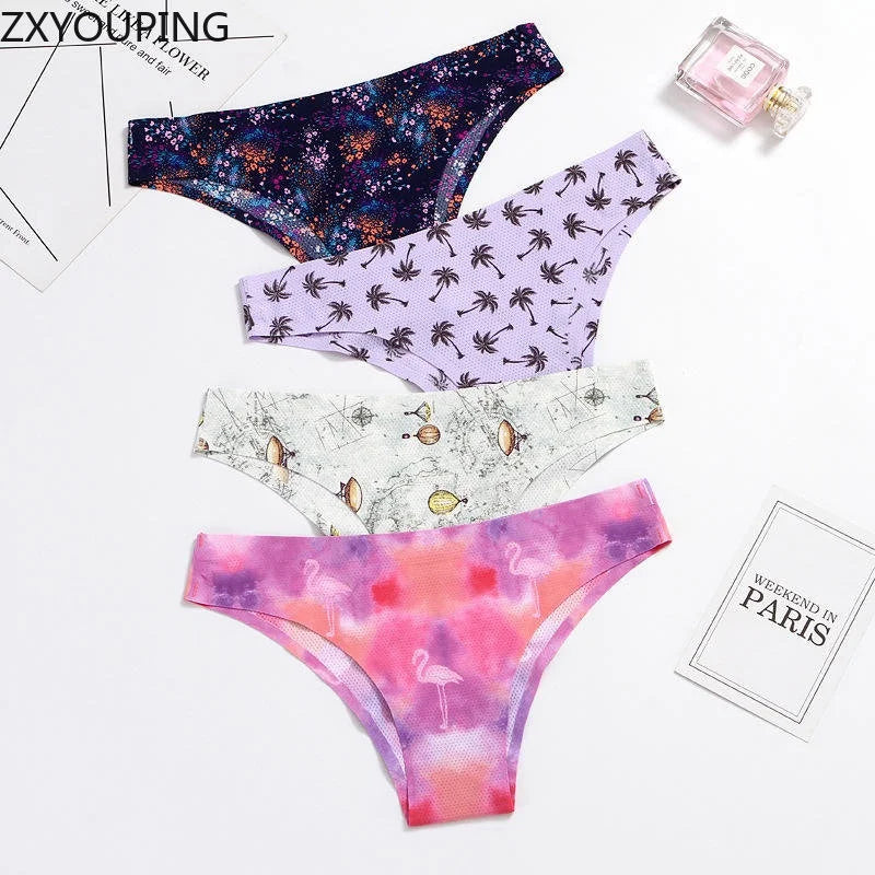 3PCS Ice Silk panties Ultra thin Seamless Underwear Soft Breathable Sexy lingerie Printing Briefs Women XS-L