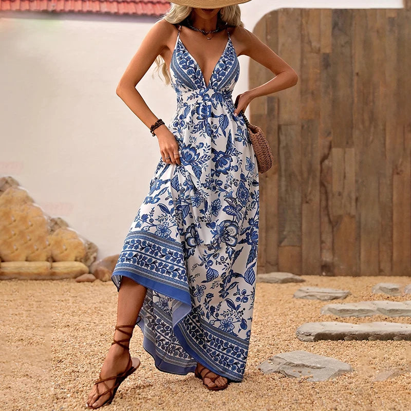 Summer new Blue and White porcelain Flower Chiffon Mini Dress 2024 Elegant women Casual Bohemian Beach dress party slip dress