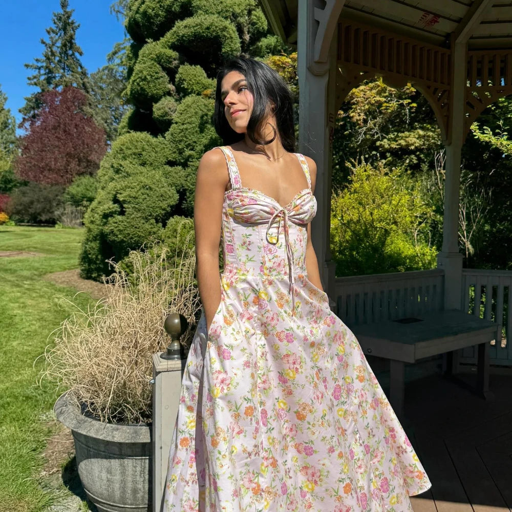 Summer Elegant Midi Dress New Arrivals Floral Print Casual Holiday Party Dress Flare Women Dress Wholesale