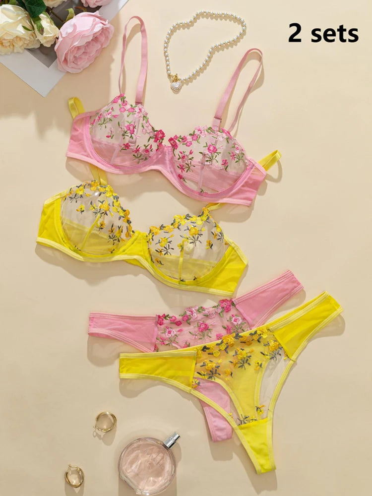2 Sets Romantic Lingerie Floral Embroidery Women Underwear Transparent Bra Sets Ensemble Sexy Outfit Fantasty Underwear Intimate