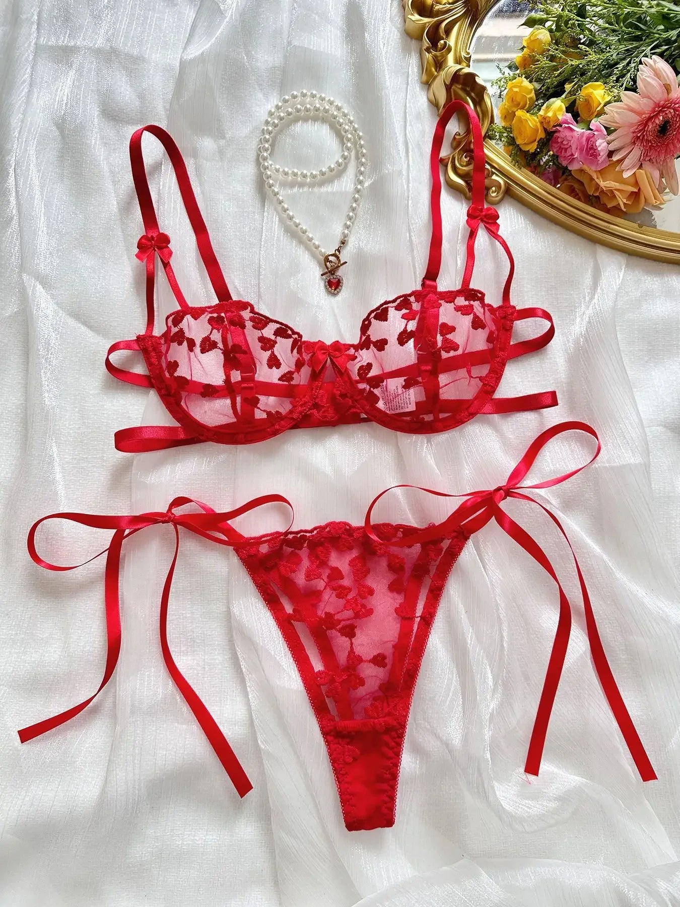 Sexy Lingerie Sets for Women Strap Lace Embroidery Heart-shape Fairy Seamless Underwear See Through Exotic Set Bra and Brief Set