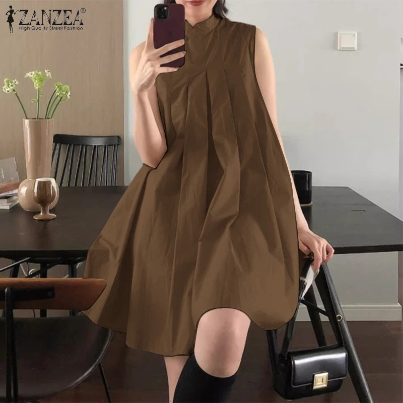 ZANZEA Elegant Sleeveless A-line Vestidos  Women Pleating Party Dress Vintage Fashion Mandarin Collar Robe