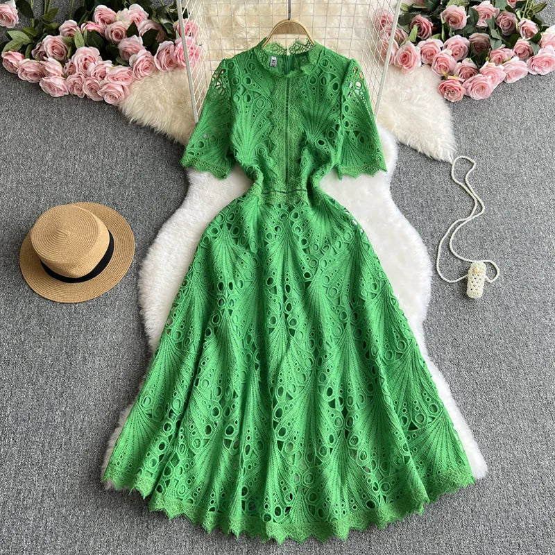 Stock Summer Autumn Holiday Hollow Out Flower Embroidery Lace Evening Prom Dress Women Short Sleeve Midi Long Party Vestidos