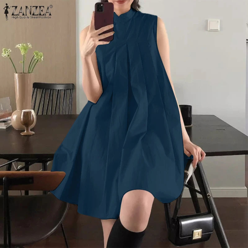 ZANZEA Elegant Sleeveless A-line Vestidos  Women Pleating Party Dress Vintage Fashion Mandarin Collar Robe